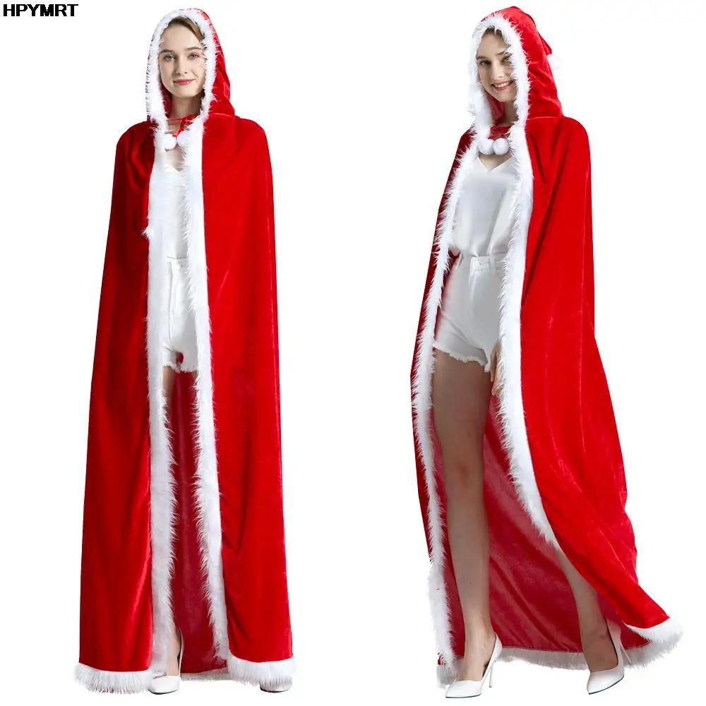 

Рождественская накидка, праздничный костюм Санта-Клауса, наряд, шаль с шапочкой, наряд из красного и белого бархата, 5 размеров на выбор для взрослых и детей