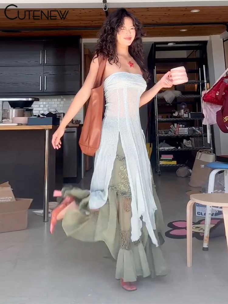 Женское Сетчатое платье-макси без бретелек