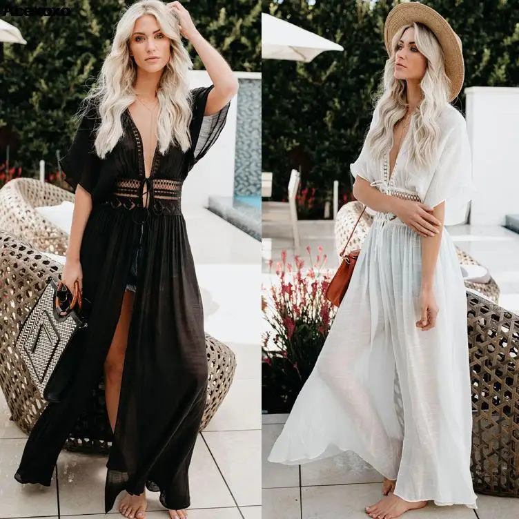 

Summer new women's fashion casual beach shirt waist hollowing slit dress