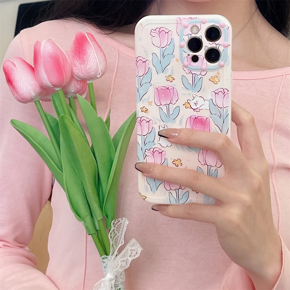 

Tulip Bunny Cute Case For iPhone 13 12 11 Pro Max X XR XS Max Soft Cover With Camera Protection Matte IMD