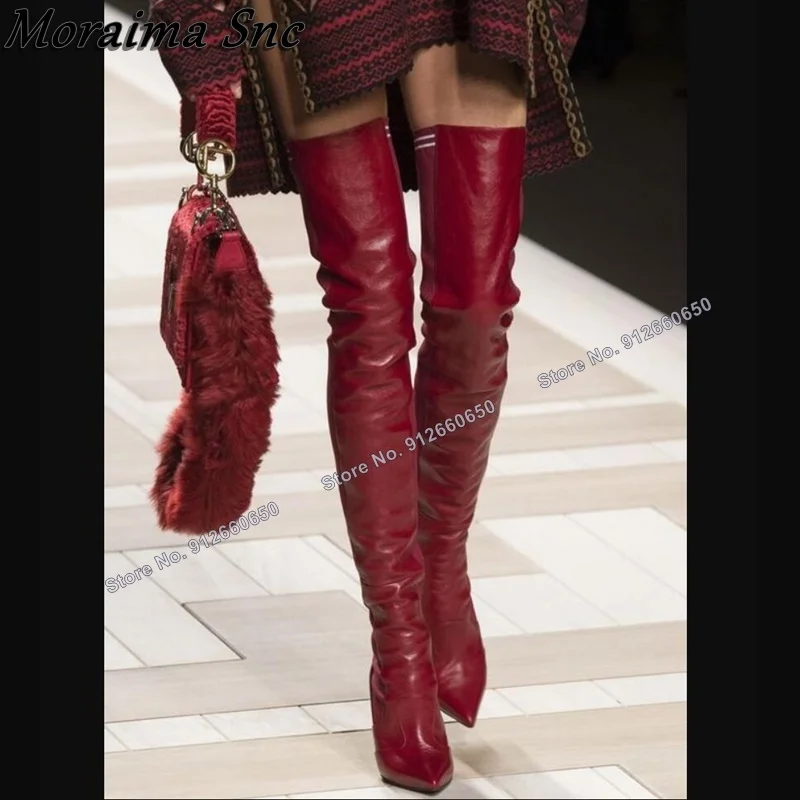 Moraima Snc Red Over the Knee Boots Pointed Toe for Women Solid Thigh High Boots Stilettos High Heels Runway Zapatillas Mujer
