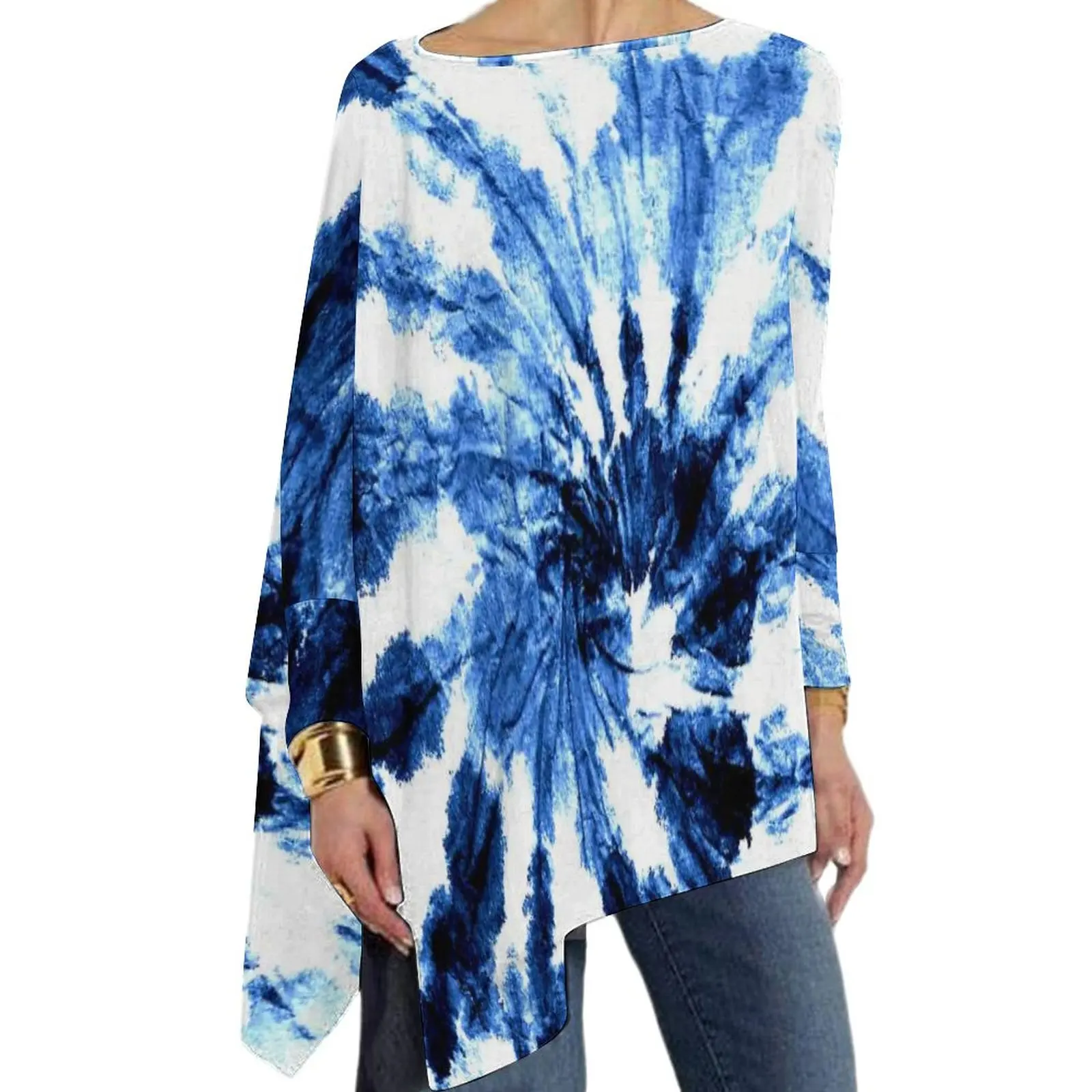 

Blue Swirl Tie Dye T Shirt Abstract Print Pretty Long Sleeve T Shirts Female Casual Tee Shirt Oversized Print Clothing