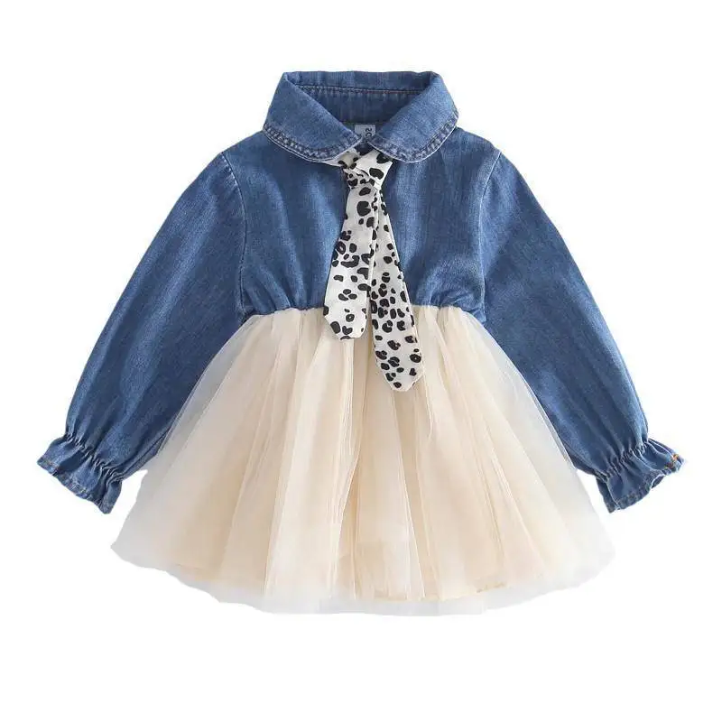 

Girls Clothing Dress Autumn New Girls Dress Long Sleeve Denim Stitching Mesh Dot Belt Sweet Princess Party Birthday Dress