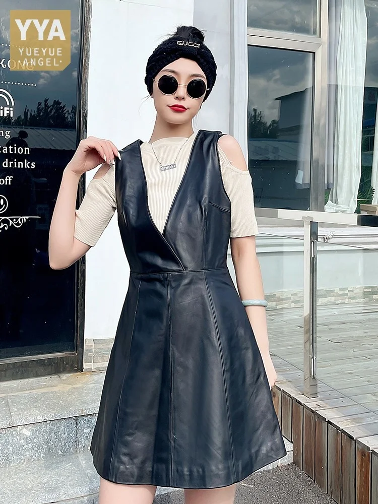 

Leather Fashion Office Lady Genuine Dress V-Neck Sleeveless Solid Color Leisure A-Line Dresses Women High Waist Sheepskin Dress