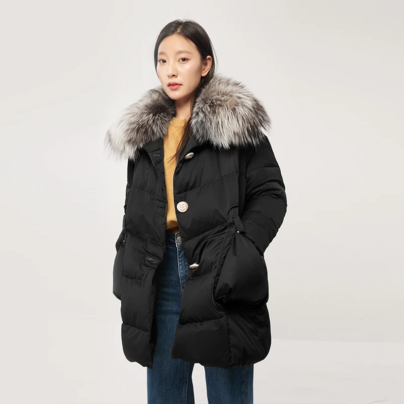 SHUCHAN 90%  White Goose Down  Long  Women Jacket  Indie Folk  Winter Fox Rur Collar Detachable Patchwork Sheepskin