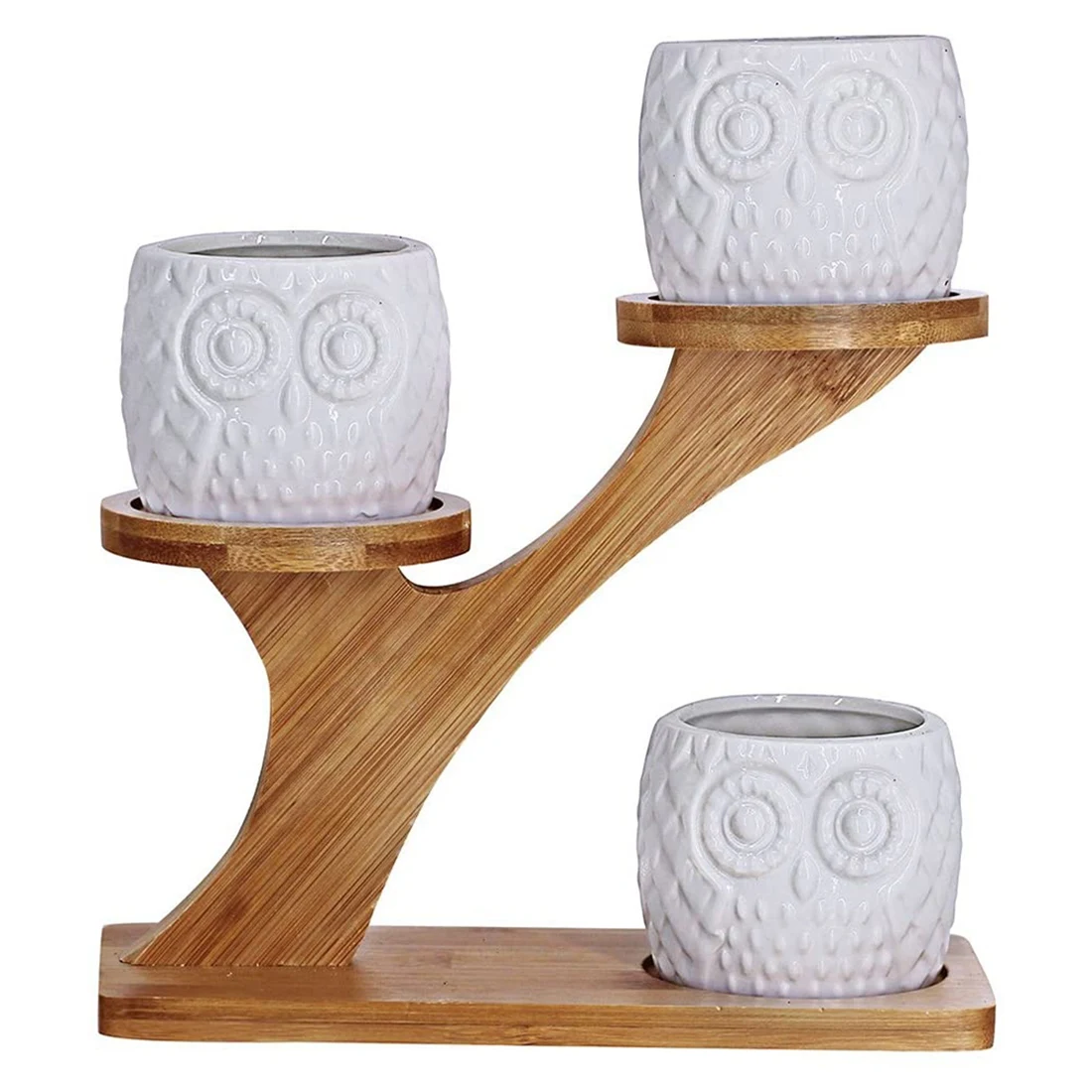 

3 Pieces Of Owl Succulent Flower Pot With 3-Layer Bamboo Dish Holder-White Modern Decorative Ceramic Flower Pot