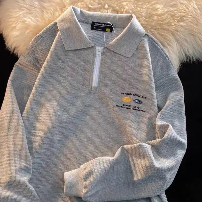 

Waffle Polo Collar Vintage Gray Thin Sweatshirt Women Long Sleeve Autumn 2022 New Hoodies for Teens Loose Top Zipper Pullovers
