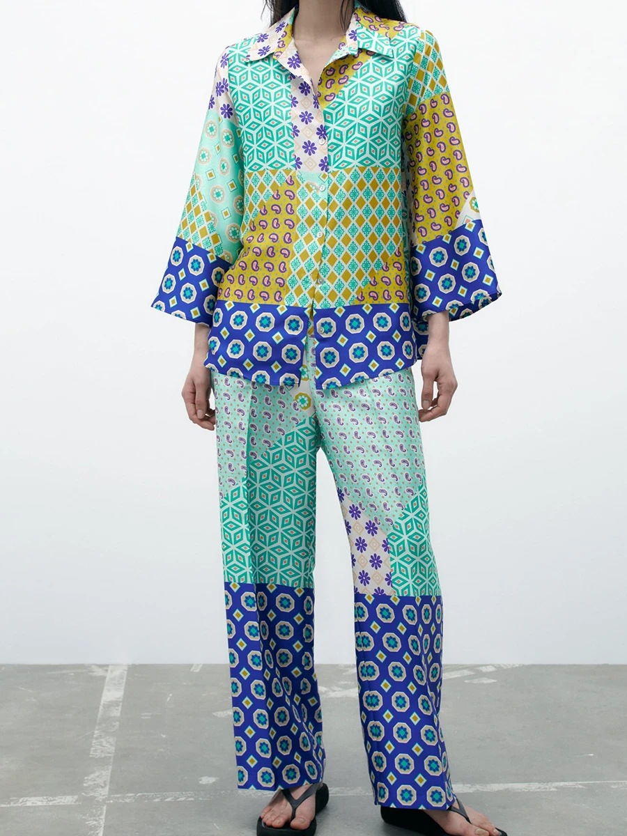 

Женский контрастный костюм с принтом, рубашка на пуговицах с длинным рукавом и отложным воротником, повседневный винтажный костюм из двух предметов с эластичной талией