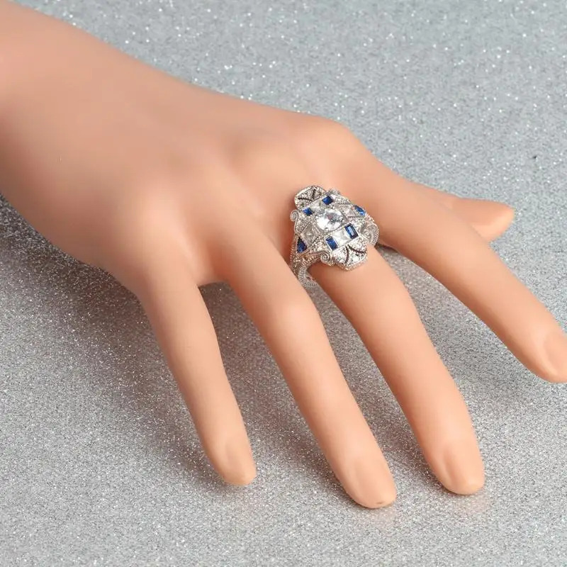 

HOYON S925 Sterling Silver Color Ladies Diamond Style Ring Exquisite Anillos Sapphire Light Luxury Topaz Ring Patterned Hollow