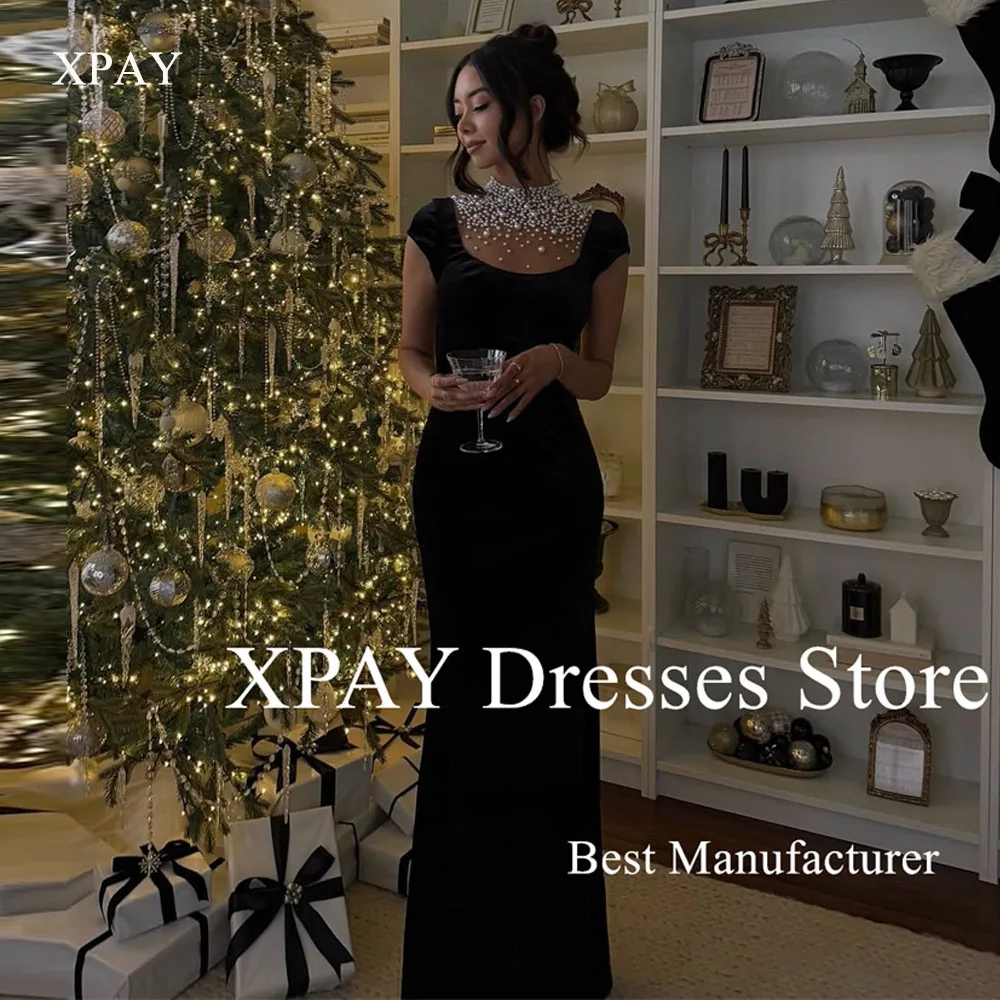 XPAY Черное бархатное вечернее платье русалки с роскошным жемчугом Дубайское