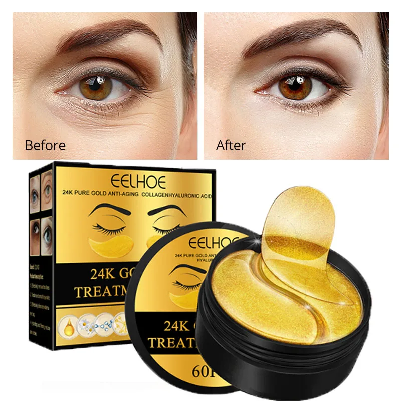 

24K Gold Eye Masks Collagen Wrinkle Remover Anti Aging Eye Patches Remove Fine Lines Dark Circles Bags Puffiness Eyes Care 60pcs