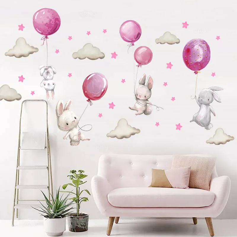 

NEW2023 Watercolor Pink Balloon Bunny Cloud Wall Stickers for Kids Room Baby Nursery Room Decoration Wall Decals Boy and Girls G