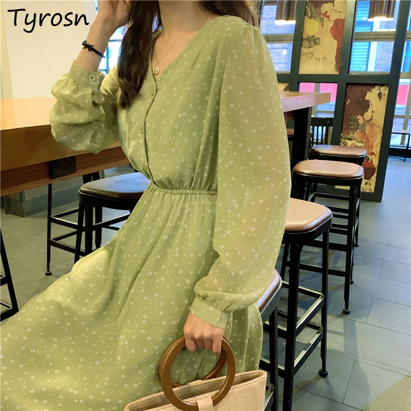 

Dresses Women Floral V-neck High Waist Chic Design French Style Female Casual Simple Elegant Retro Summer Vestidos Cozy Shirring
