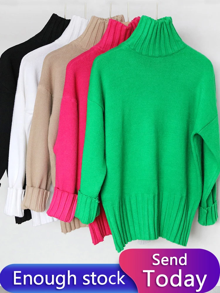 

2023 Autumn Winter Green Turtleneck Pullover Sweater Women High Quality Plus Size Knitted Sweaters Jumpers Soft White Sweater