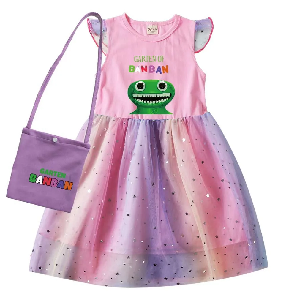 

New Garden of Banban Dress Kid Wedding Party Sequin Dress Baby Girls Shott Sleeve Dresses with Small Bag Birthday Gifts Vestidos