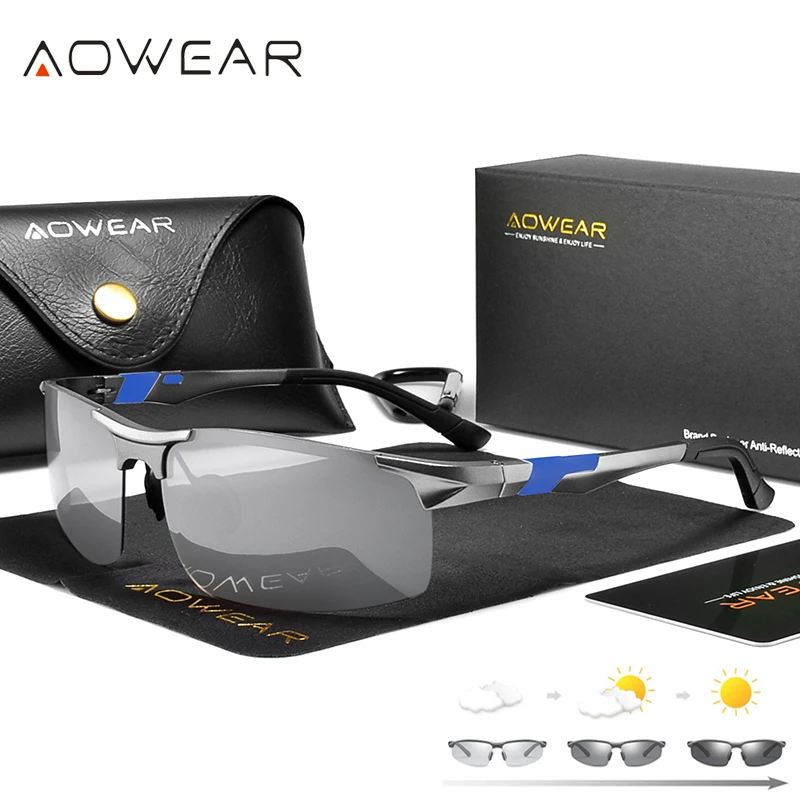 Очки солнцезащитные AOWEAR мужские фотохромные, роскошные поляризационные зеркальные алюминиевые солнечные очки без оправы, для улицы, 2023