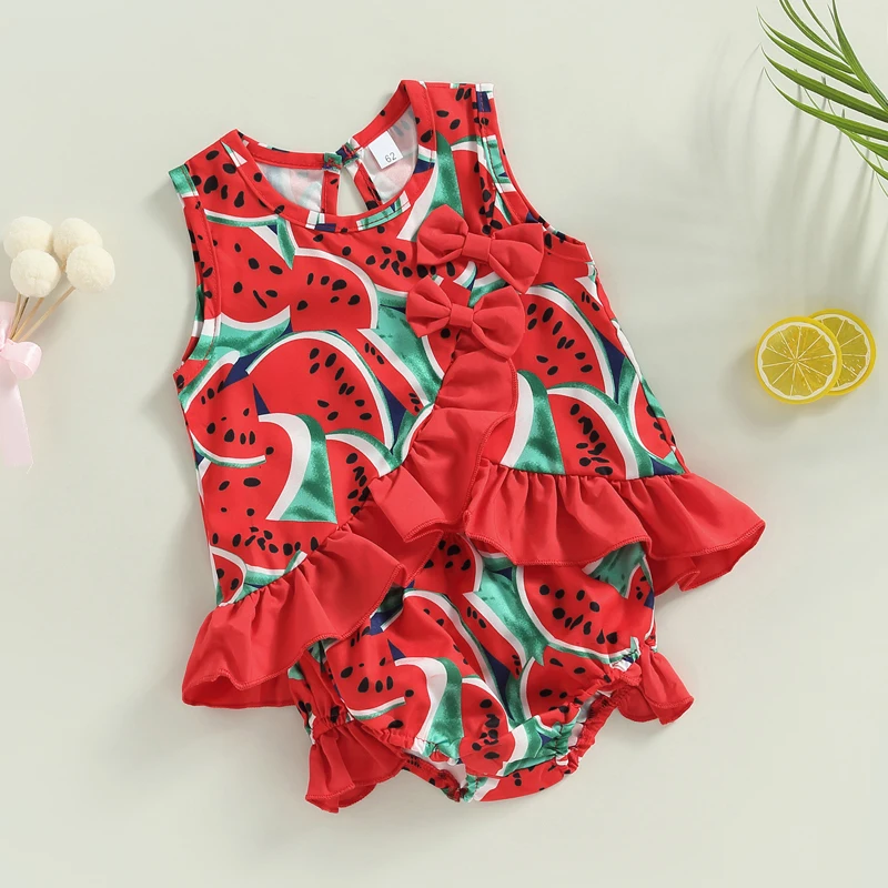 

EWODOS 0-12 Months Newborn Baby Girls 2Pcs Swimsuit Sleeveless Lovely Watermelon Print Tops Summer Beach Ruffles Swimwear Set