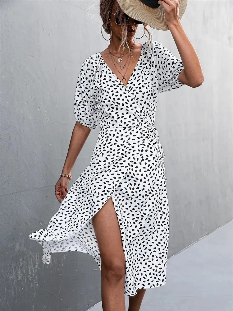 

Print A Line Dress Summer New 2023 Women V Neck Puff Half Sleeve Chiffon Long Dresses Dot Elegant Slit High Waist Sexy Vestidos
