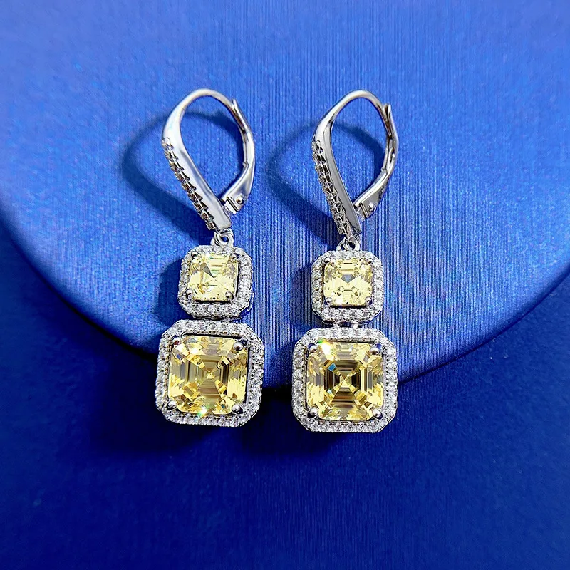 

2022 New S925 Silver Stud Earrings 8*8 Yellow Diamond Asch Pagoda Earrings Female 5A Zircon Factory Direct Sales