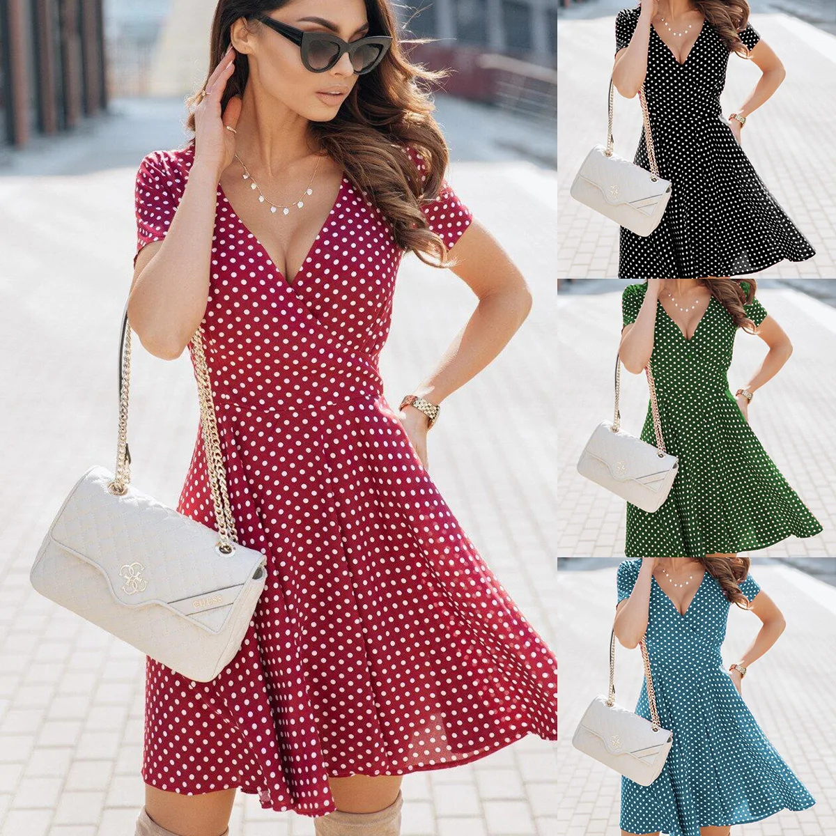 

2022 Summer Fashion Style Women Short Sleeve V-neck Polyester Dress Woman Dress