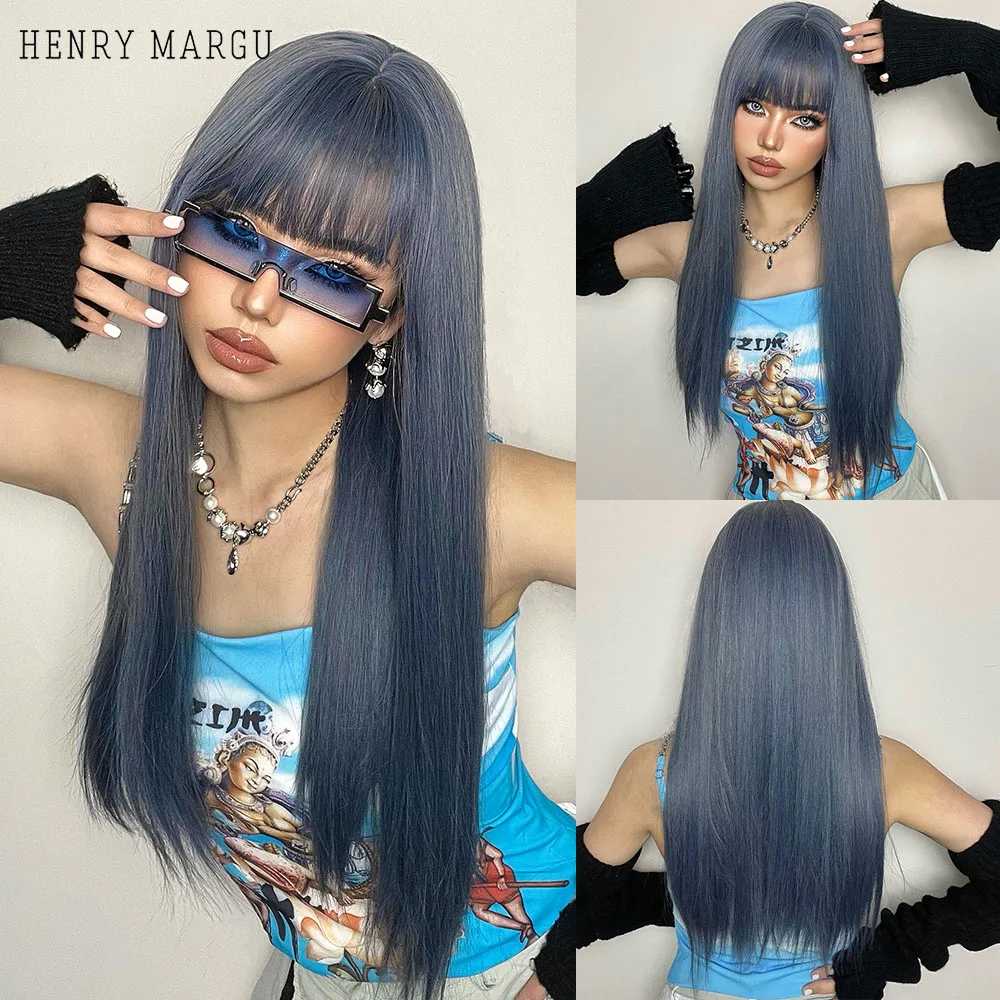

HENRY MARGU Blue Gray Ombre Long Straight Synthetic Wigs for Women Natural Wigs With Bangs Cosplay Hair Wigs Heat Resistant
