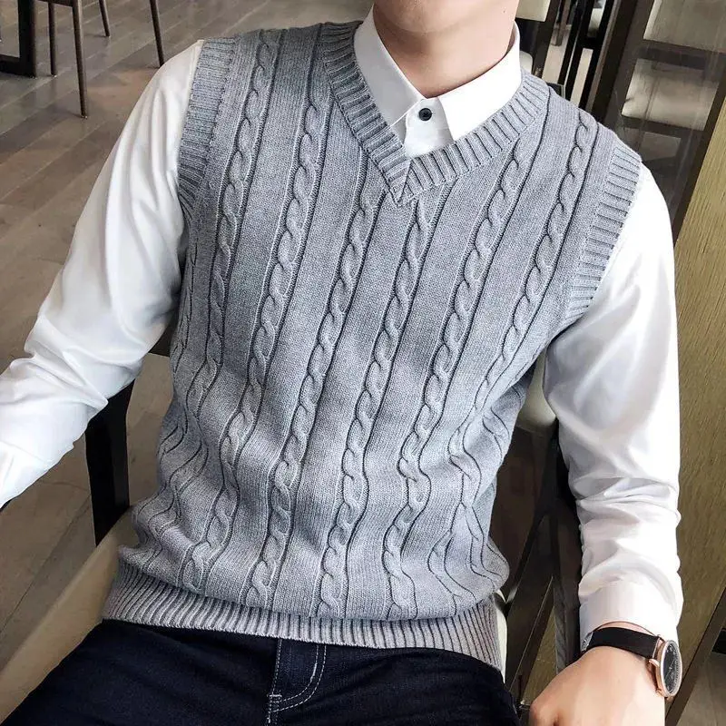 Зима 2024 мужской шерстяной жилет с V-образным вырезом Корейская версия свитер без
