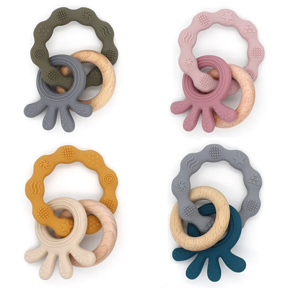 

3 in 1 Octopus Baby Teethers Silicone Bracelet Teething Toys Wooden Ring BPA Free Infant Nursing Teething Ring Baby Accessories