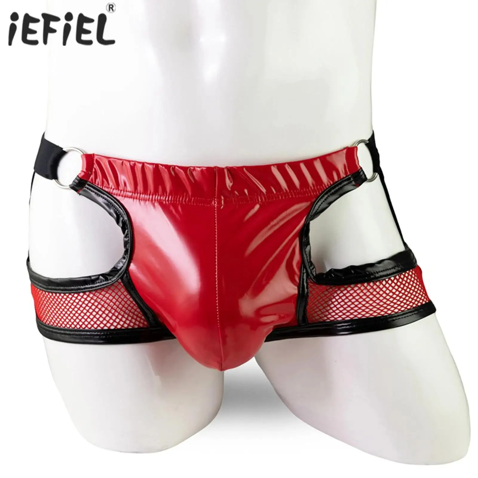 

Mens Lingerie Patent Leather Contour Pouch Underwear Hollow Out Mesh Low Rise Underpants Thong Open Butt Cutout Boxer Briefs