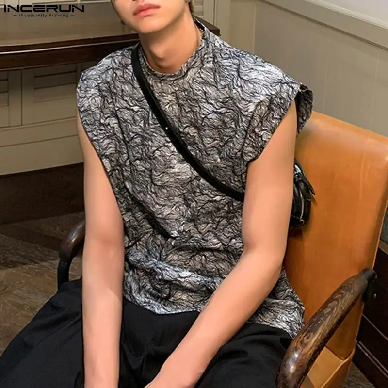 

Майка INCERUN мужская с высоким воротником и принтом, уличная одежда без рукавов, повседневный жилет, модная рубашка в Корейском стиле, лето 2023