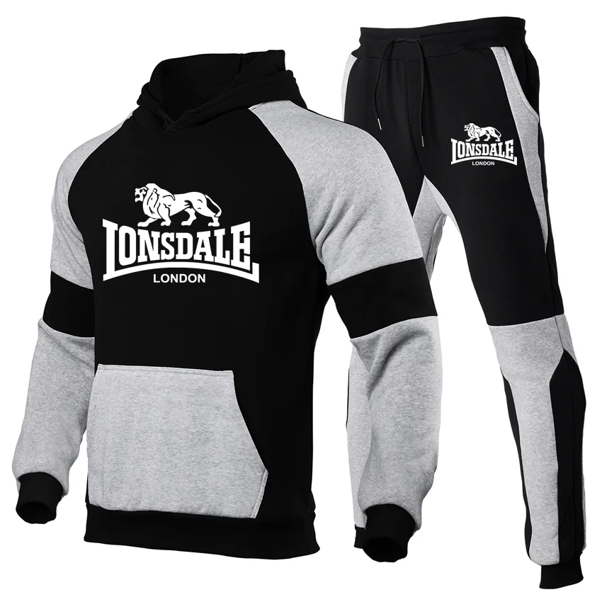 

2023 LONSDALE Men's Color Contrast Hoodies Sweatshirt + Sweatpants Suit Autumn Winter Warm Tracksuit Sets Men's Hooded Outwear