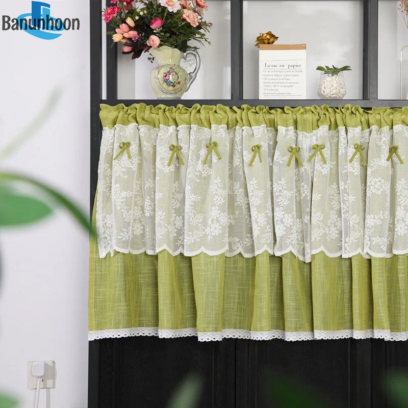 Американская пасторальная зеленая половинная занавеска из хлопка и льна для