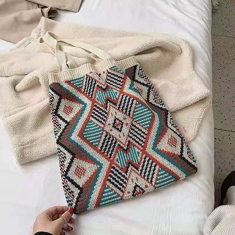 

Lady Knitting Gypsy Bohemian Boho Chic Aztec Tote Bag Women Crochet Casual Open Shopper Top-handle Bag 2022 Female Daily Handbag