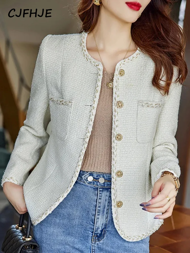 CJFHJE женский модный твидовый блейзер с металлическими пуговицами пальто