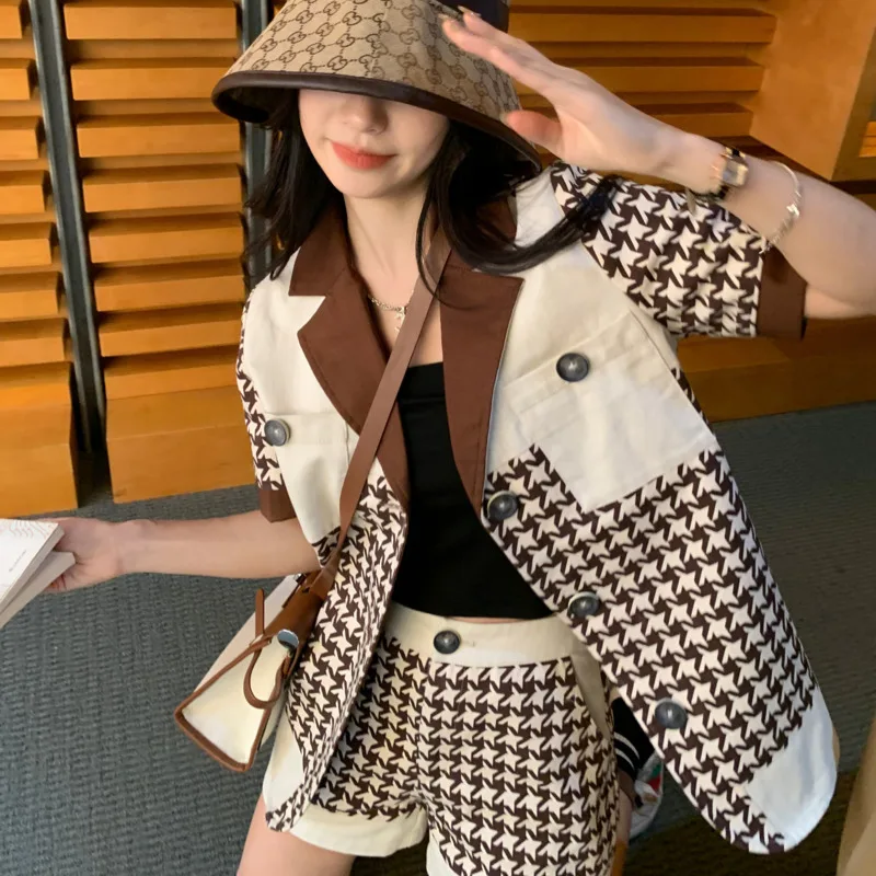 

Летний клетчатый костюм с рисунком «гусиные лапки», Модный комплект из топа и шортов в клетку, пальто с отворотом и коротким рукавом, повсед...