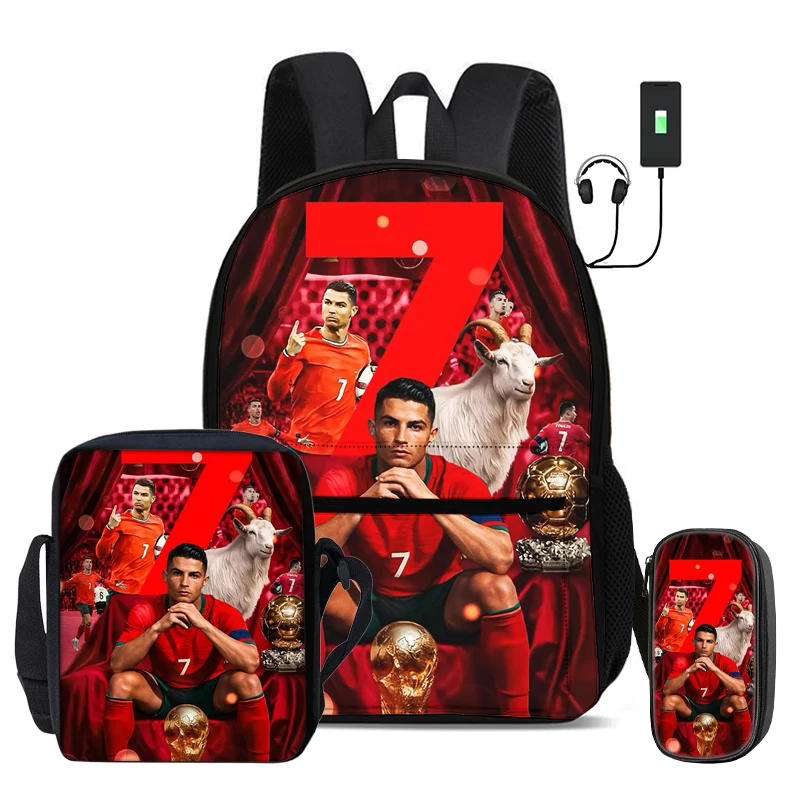 Фото Набор школьных сумок Ronaldo из 3 предметов: рюкзак с USB-интерфейсом, сумка через плечо CR Football Star, спортивная сумка для карандашей, детский рюкзак №4