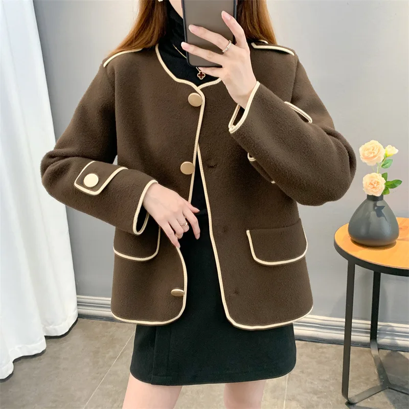

Imitation double-sided knitted cardigan for women in autumn 2023, new round neck single breasted coat, short and thick woolen