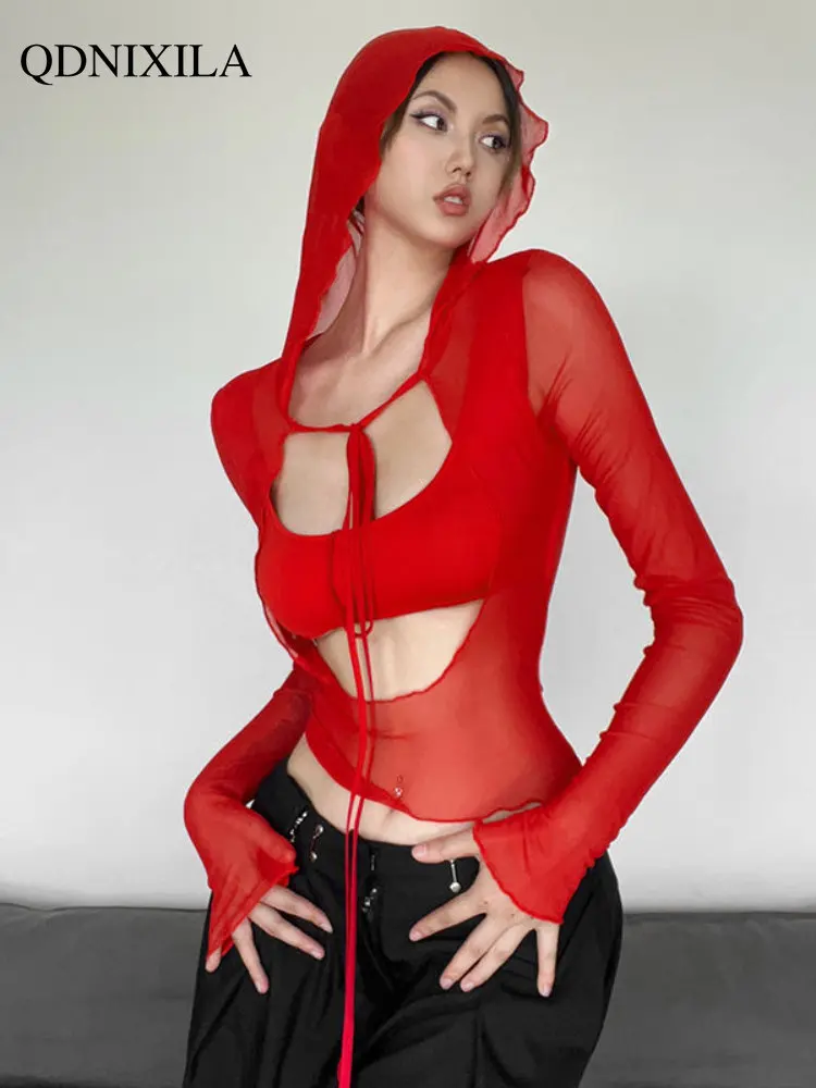 

Y2k Tops Sexy Openwork Mesh Stitching Long Sleeve Women's T-shirt Streetwear Lace Design Hooded Summer Tops Shirts and Blouses