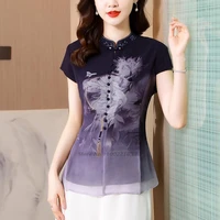 2022 chinese retro blouse traditional flower print chiffon shirts improved cheongsam national chinese tang suit oriental blouse