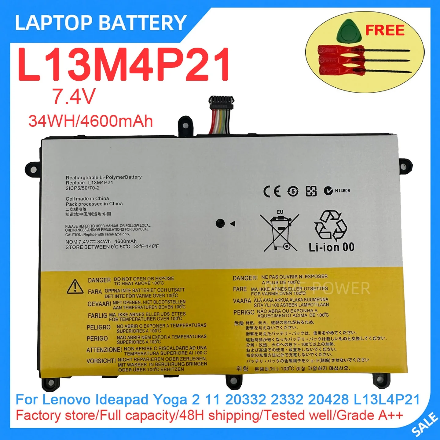 Фото Новый аккумулятор для ноутбука L13M4P21 7.4V 34WH 4600mAh высокого качества для Lenovo Ideapad Yoga 2 11 20332 2332 20428 L13L4P21 №1