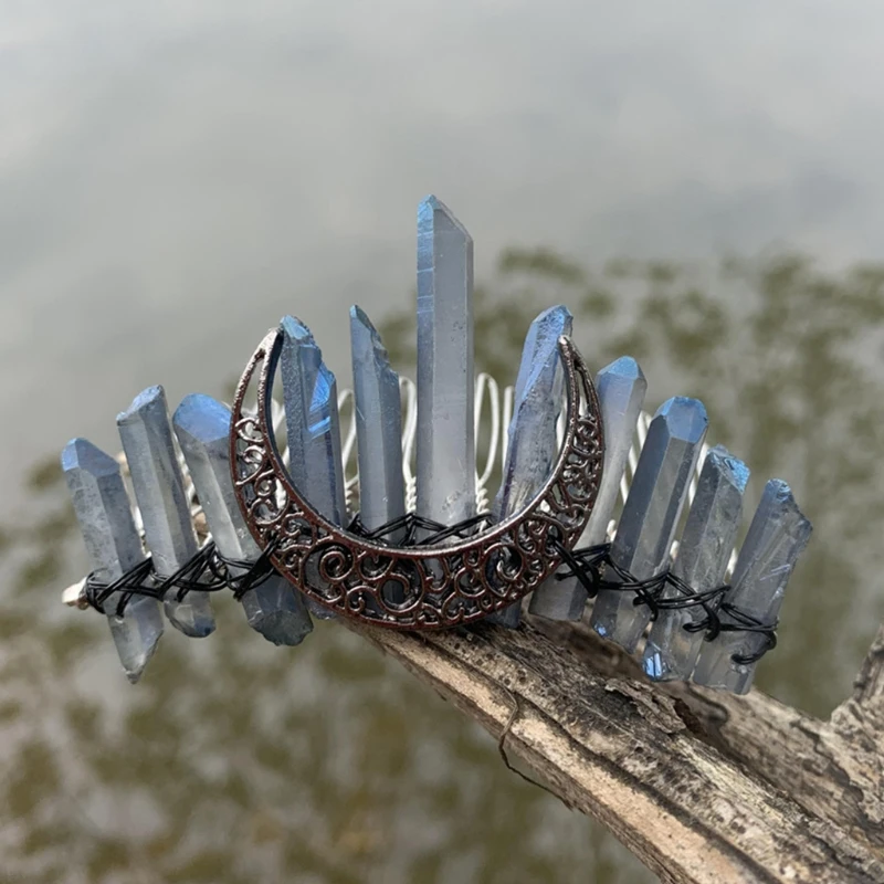 

Raw Quartz Crystal Tiara Hair Comb Bridal Jewelry Anitque Moon Metal Hairpin