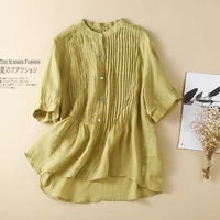 women cotton linen pleated shirts new 2022 summer short sleeve vintage solid loose comfortable female tops and blouses