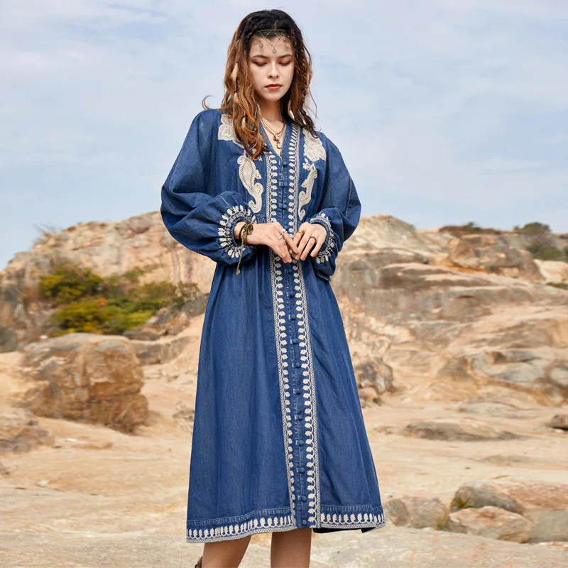 Harajuku Vintage Women's Long Sleeved Denim Dress Robe Embroidery Dresses Oversize Loose High End Luxury Designer Clothing