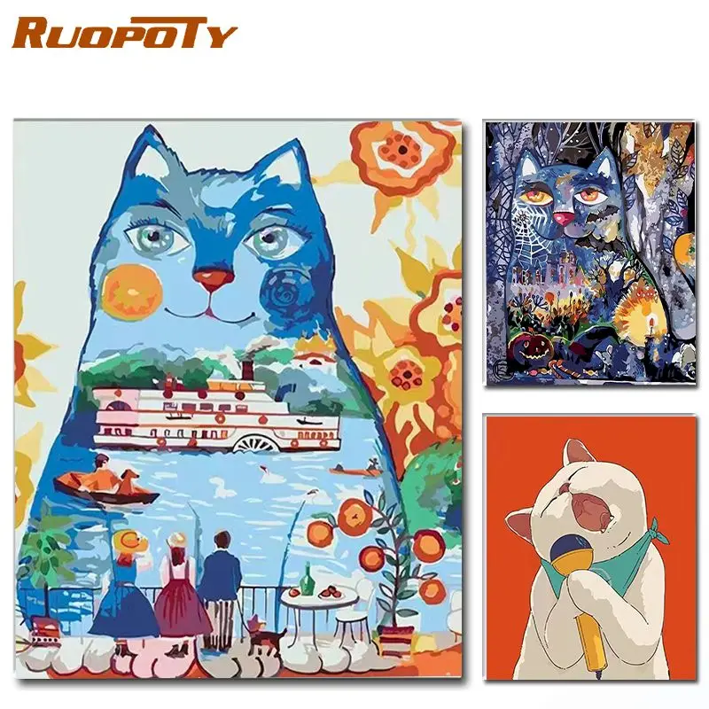 

RUOPOTY Oil Painting By Numbers Cartoon Cats Full Kits Diy Painting By Number Animal Painting Personlized Gift