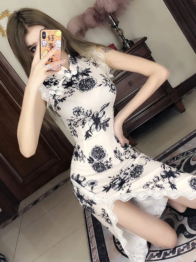 

Sexy Nightclub Retro Modified Girls' Long Slit Lace Cheongsam Hip Wrap Evening Dress Luxury Elegantes Party Vestidos Sexy Robe