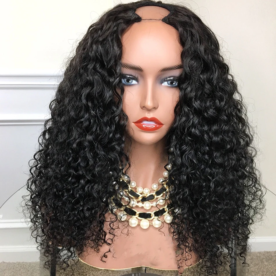 Soft Black 24 inch Kinky Curly U Part Wig European Remy Human Hair Wig Natural Jewish Glueless For Black Women Daily Wear