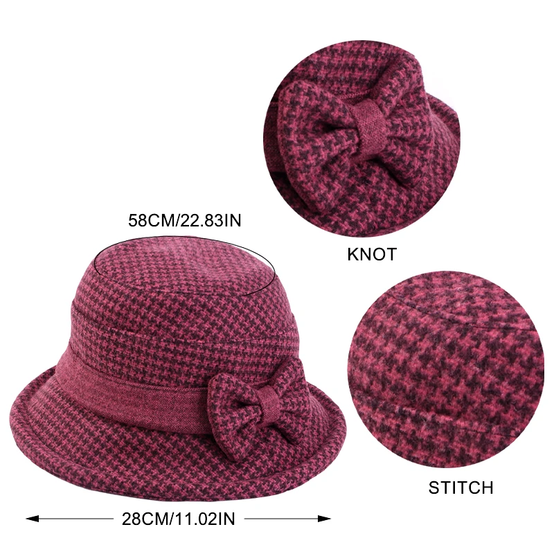 Новая женская осенне-зимняя панама с бантом утолщенная шерстяная клетчатая