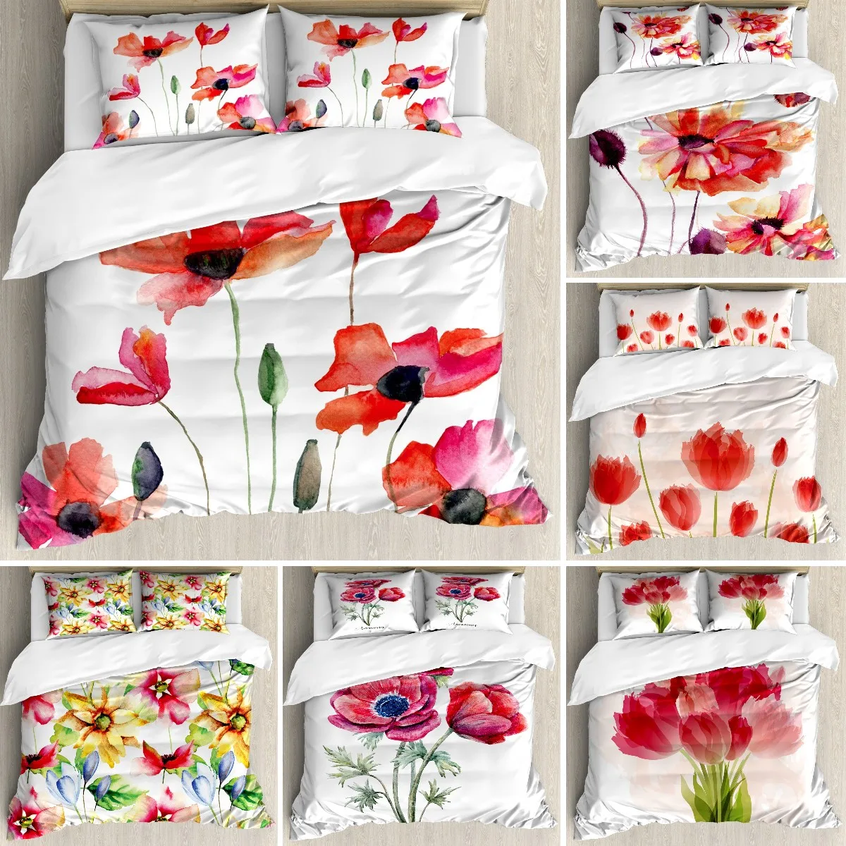 

Watercolor Flower Duvet Cover Set King, Poppies Wildflower Nature Buds Painted Decorative 3 Pieces, White Scarlet Duvet Cover