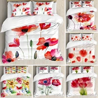 watercolor flower duvet cover set king poppies wildflower nature buds painted decorative 3 pieces white scarlet duvet cover