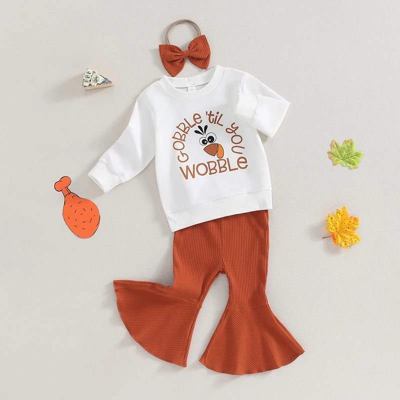 

Детские комплекты из брюк на День Благодарения для маленьких девочек, свитшот с длинным рукавом и надписью, расклешенные брюки с бантом