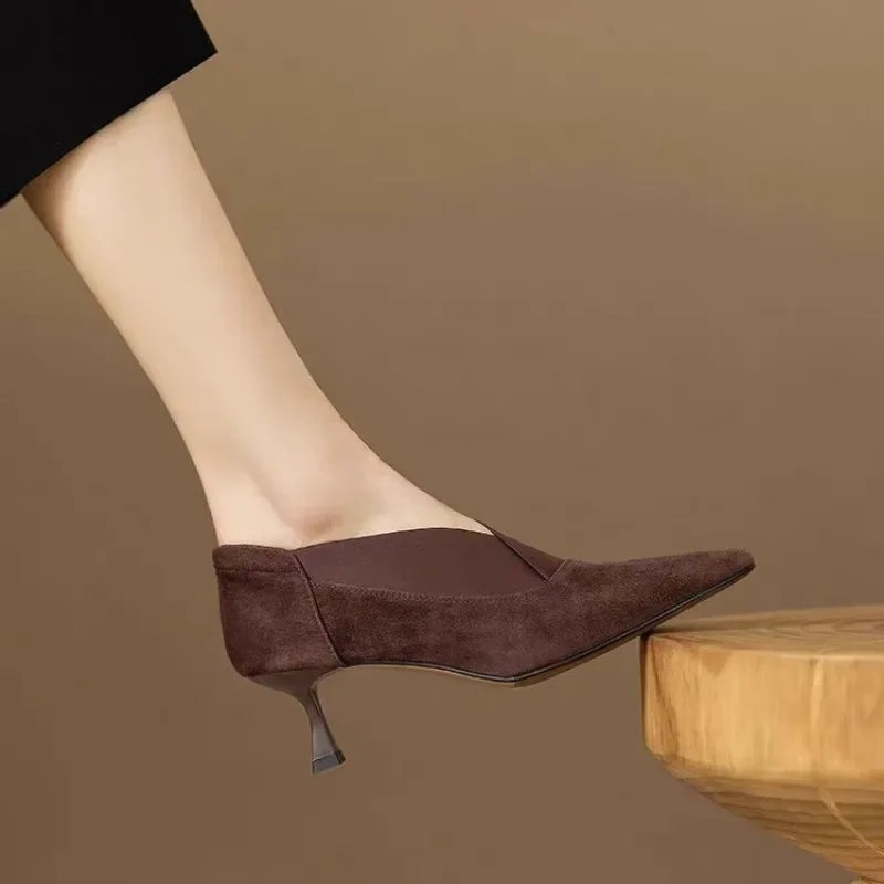 Женские ботильоны с острым носком туфли на среднем каблуке элегантные тонкие